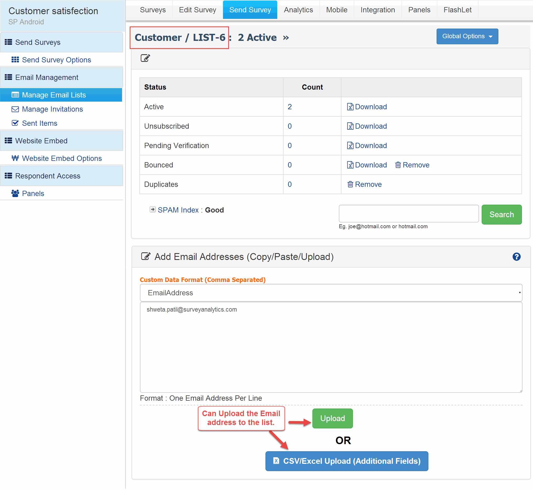 Uploading Email Addresses Manually Type Copy Paste SurveyAnalytics